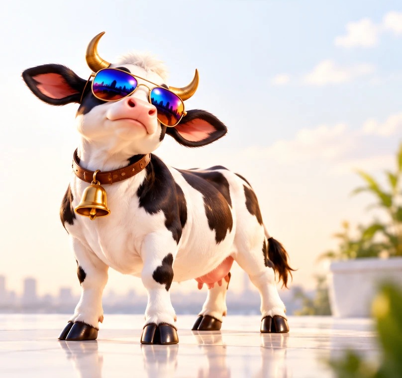 Sociam's mascot: a confident cow in mirrored aviator sunglasses, with golden horns and a cowbell